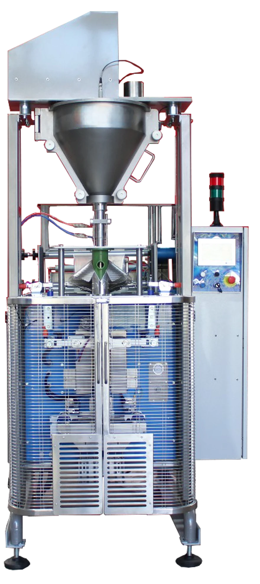 Empacadora vertical VFFS para leche en polvo — vista general del equipo con dosificador Auger